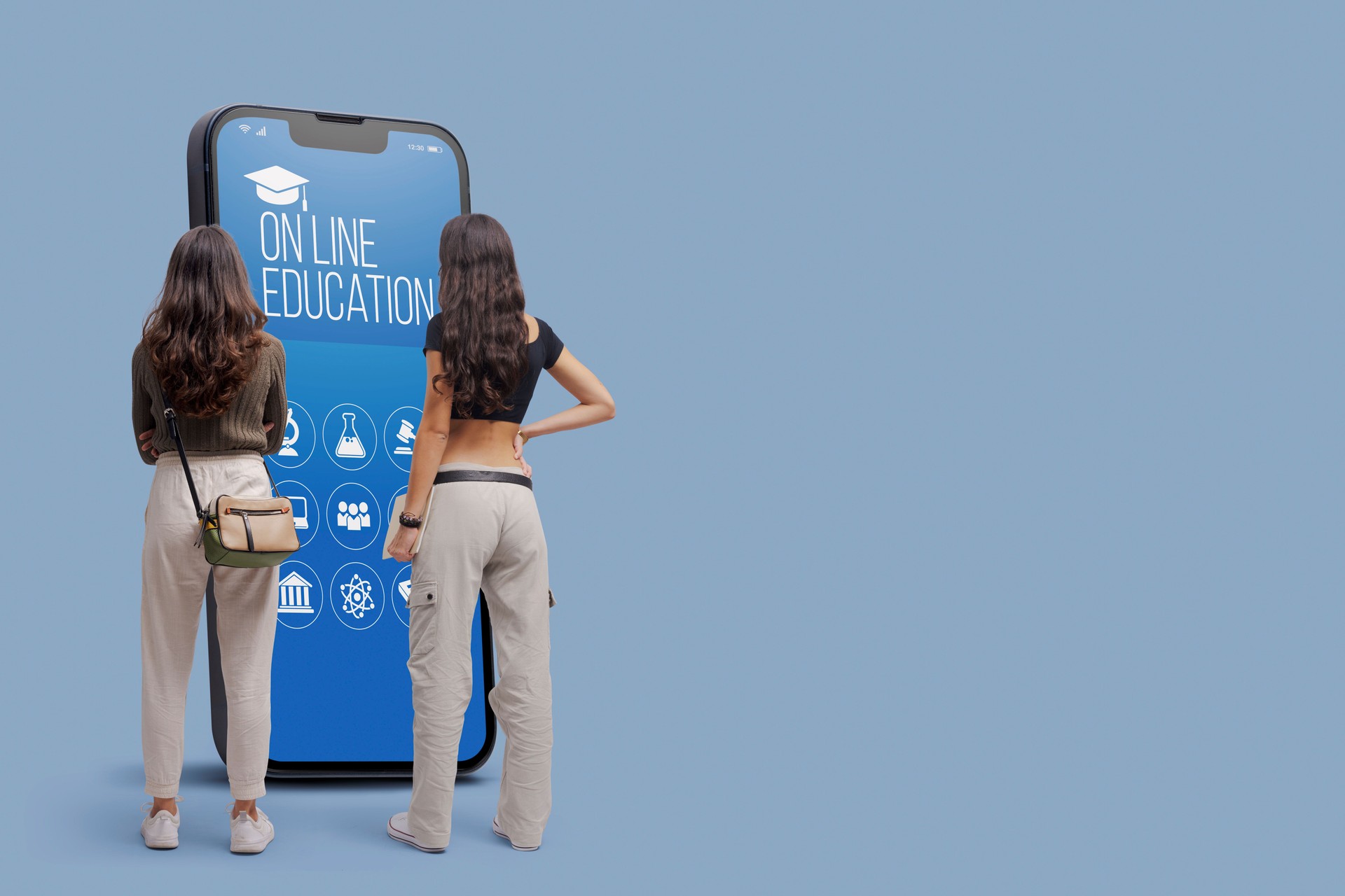 Online education app on smartphone and students